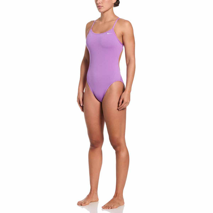 Nike Hydrastrong solid cutout one-piece swimsuit in bright violet, featuring a sleek design and sporty fit.