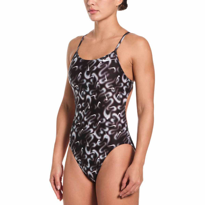 Nike Hydrastrong Sprayfetti print black one-piece swimsuit with cutout details, designed for active swimming and water sports.