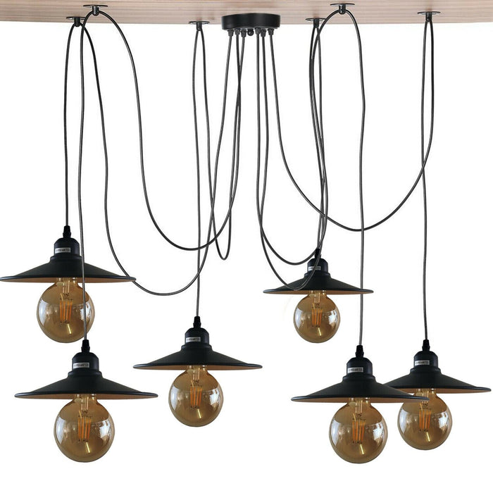 Industrial Spider Pendant Light 6 Way Multi Drop E27 Matte Black~1181