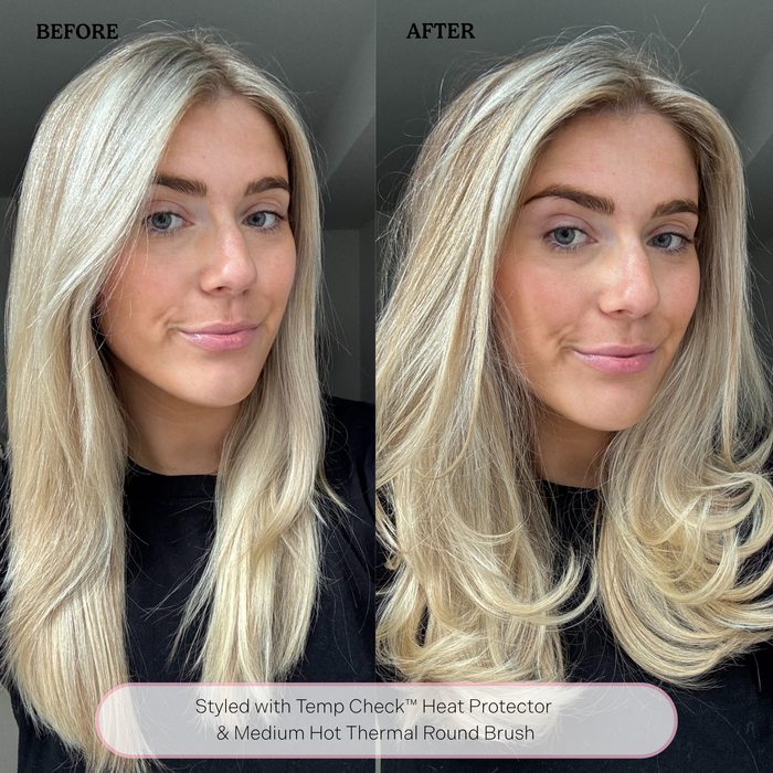 before and after of woman's hair styled with temp check heat protector and hot round brush