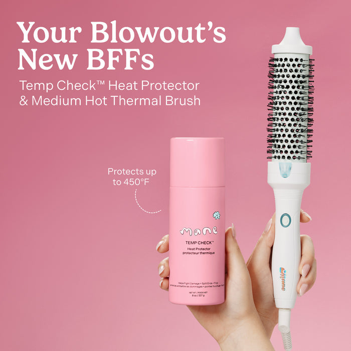 infographic that reads "Your Blowout's
New BFFS
Temp Check™ Heat Protector
& Medium Hot Thermal Brush
Protects up to 450°F"