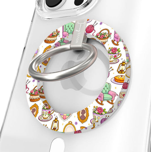 It's Giving Grandma Hobbies cozy grandmacore MagSafe phone grip ring with knitting yarn, rocking chairs, teacups, and pies on a white background compatible with iPhone and Samsung