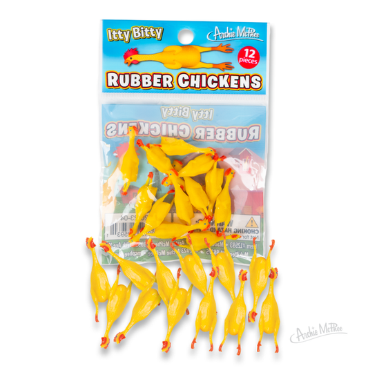 A package of 12 Itty Bitty Rubber Chickens features tiny yellow vinyl chickens with red beaks and feet, some displayed in front of the illustrated bag.