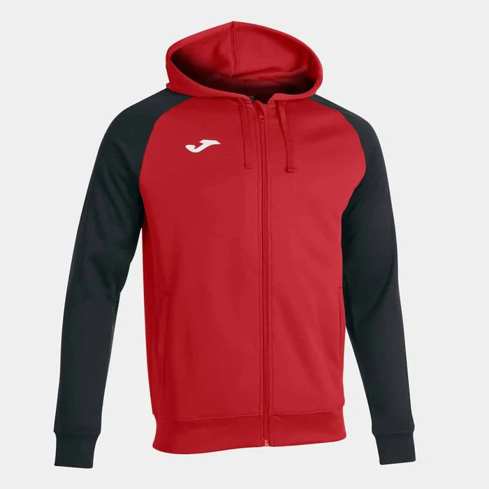 Red and black Joma Boys Academy IV hoodie jacket, casual athletic style, shown on a young boy model.