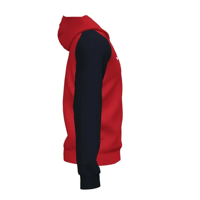 Red and black Joma Boys Academy IV hoodie jacket, casual style, with front pockets and hoodie, designed for boys' activewear.