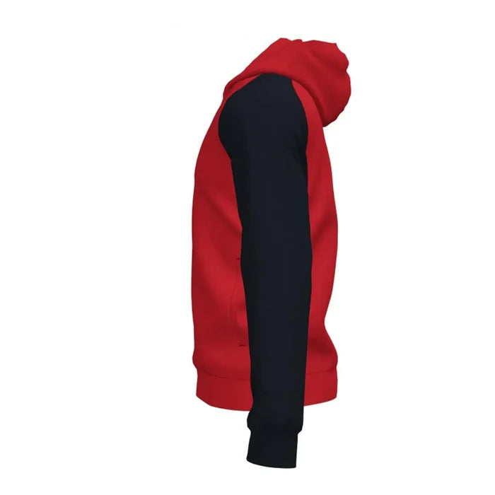 Joma Boys Academy IV hoodie jacket in red and black, featuring a zip front and sporty design, made for active wear.