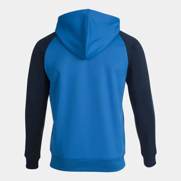 Joma Boys Academy IV hoodie jacket in royal and navy, shown in a close-up image of the blue and navy hoodie with front zipper.