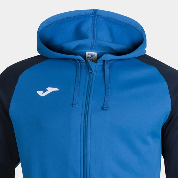 Joma Boys Academy IV hoodie jacket in royal and navy, featuring a front zipper, hood, and logo, casual sportswear for boys.