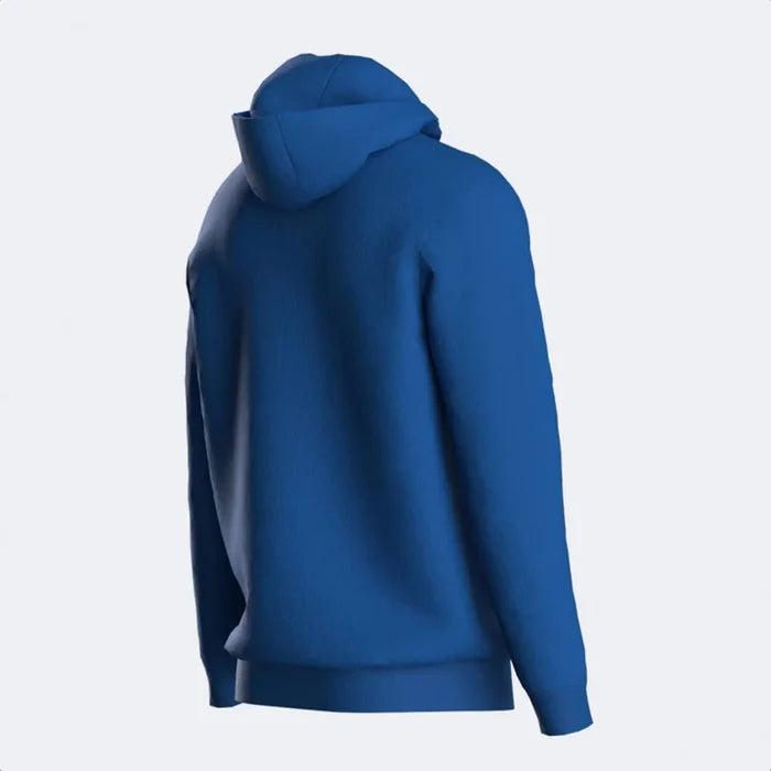 Joma boys' royal blue combi hooded sweatshirt showing front view with adjustable hood and ribbed cuffs.