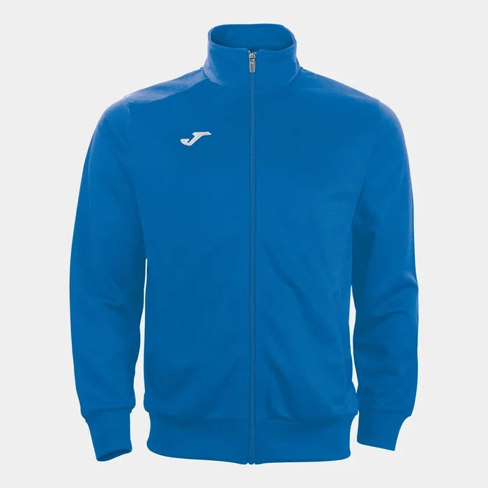 Joma Boys Gala Royal Jacket, a blue hooded jacket with front pockets and zip closure, designed for active wear and casual style.