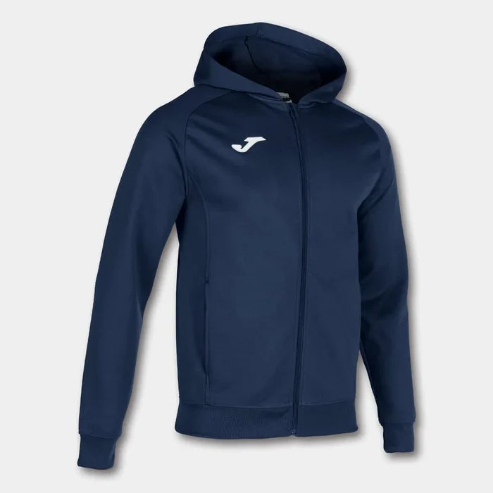 Joma Boys Menfis Hoodie Jacket in dark navy, showing a cozy hoodie with front pockets and adjustable drawstrings.