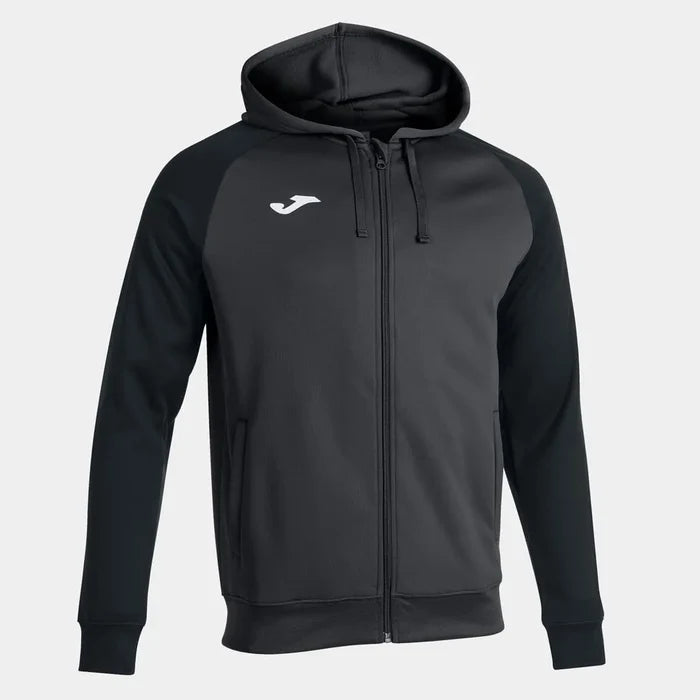 Joma men's Academy IV hoodie jacket in anthracite and black, featuring a front zip, hood, and casual fit.
