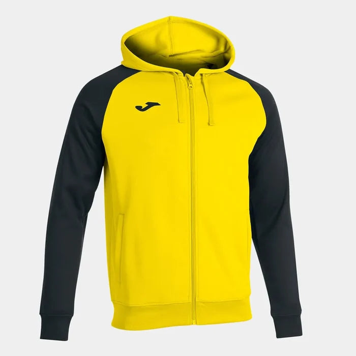 Joma men's Academy IV hoodie jacket in yellow and black, featuring a front zipper, hood, and sporty design.