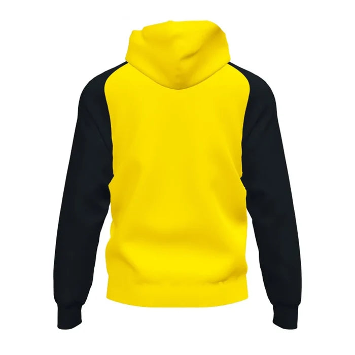 Joma men's Academy IV hoodie jacket in yellow and black, casual fit with zip front and hood, suitable for athletic and everyday wear.