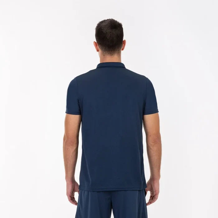 Navy Joma men's hobby polo shirt displayed on a hanger, showcasing a classic collar and short sleeves.