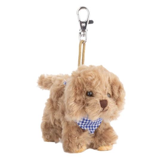 bag charm, Bukowski Bears Sweden, dog key ring, stuffed puppy charm, blue scarf dog toy