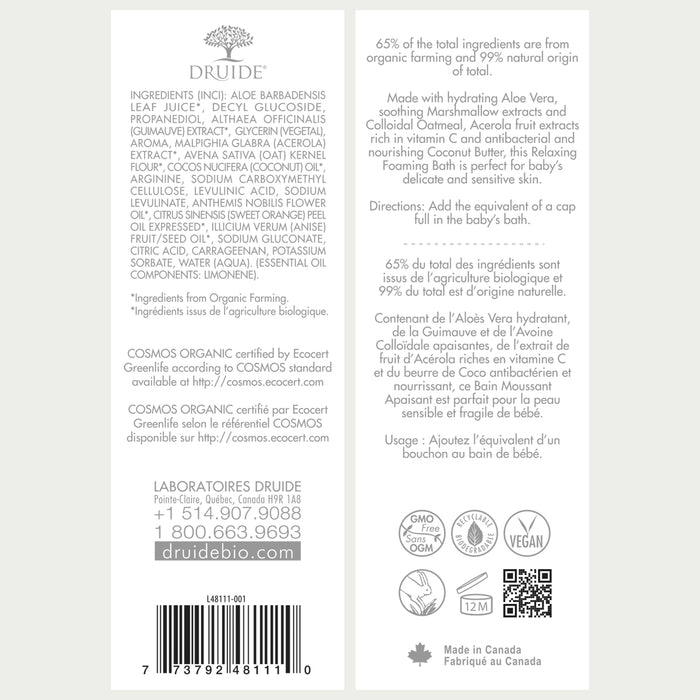 Druide Biolove Relaxing Foaming Baby Bubble Bath dispenser label displaying product benefits, ingredients, certifications such as Ecocert Organic and Canada origin.