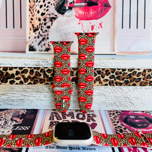 Kiss Me Leopard Apple Watch band with red glossy lips on tan leopard print styled with beauty and fashion decor