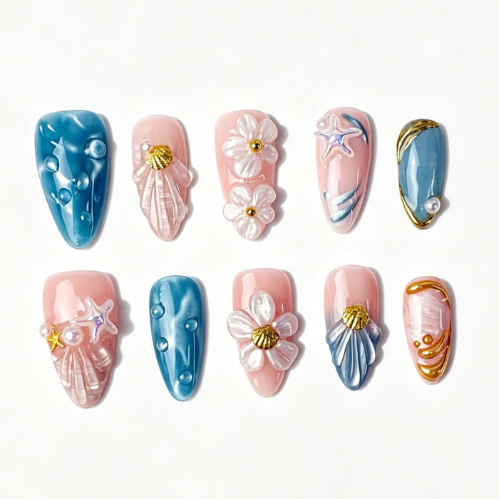 Lagoon Bloom Pink Blue Lagoon Gradient Seashell Almond Press On Nails
