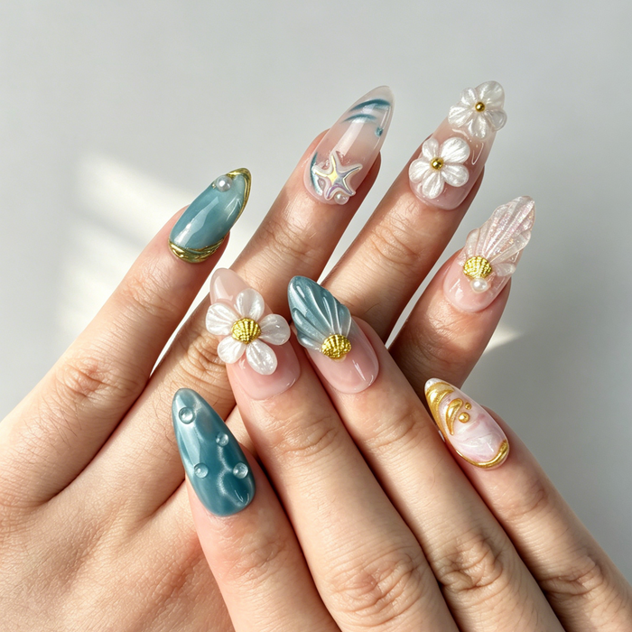 Summer Vacation Ocean Floral Handmade Almond Daily Nails