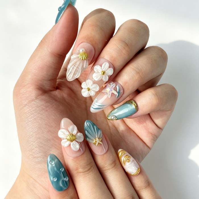 Close Up 3D Textured Nail Art, Ocean Shell Starfish Floral Pearl Decor, Medium Almond Nude Gradient Press On Nail Detail Shot