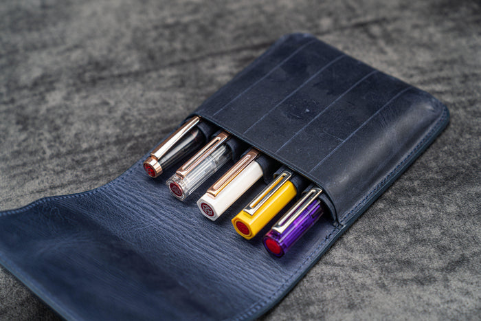 Leather Flap Pen Case for Five Pens - Crazy Horse Navy Blue