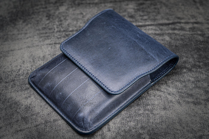 Leather Flap Pen Case for Five Pens - Crazy Horse Navy Blue