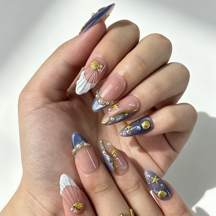 Lilac Tide seaside wearable almond false nails close-up, nude lilac gradient ocean pearl nail art