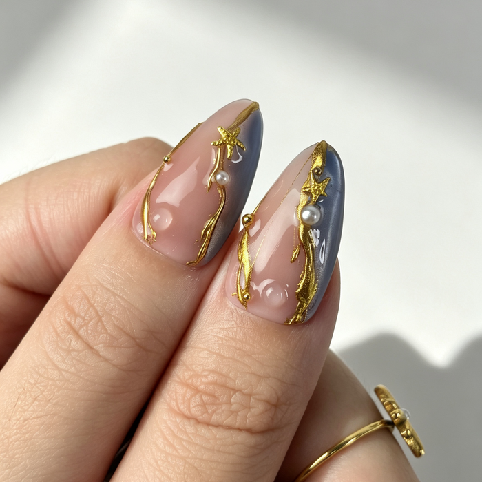 Luxury Mermaid Beach Press On Nails, Medium Almond Cat Eye Nude Fake Nails