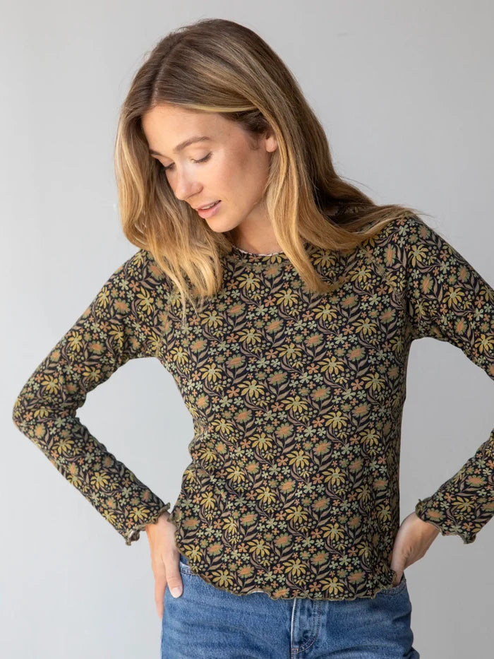 Lily Knit Cotton Long Sleeve Tee Shirt - Tan Daisies Floral-view 2