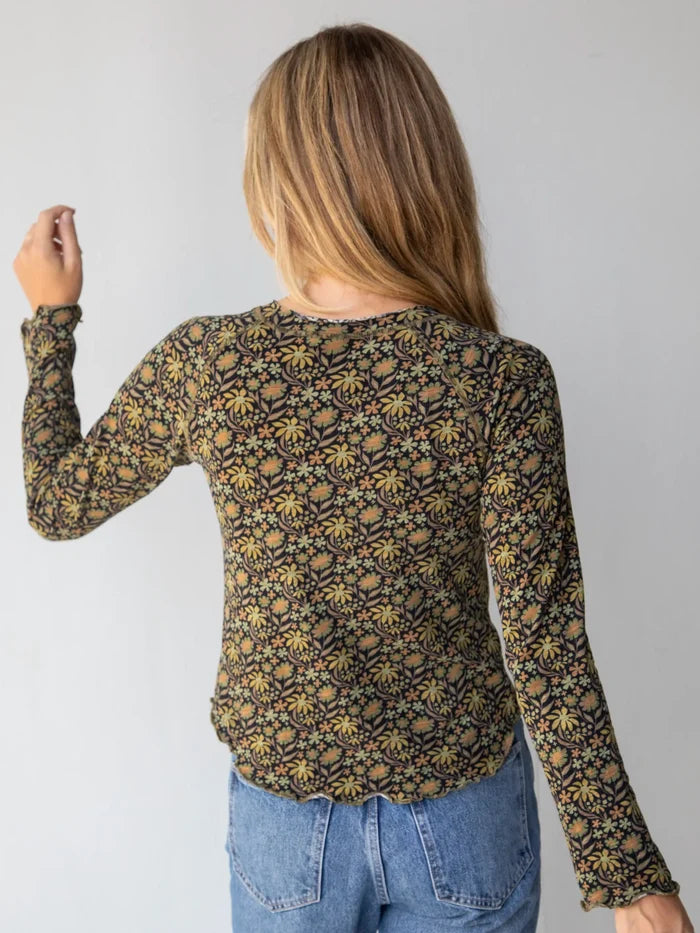 Lily Knit Cotton Long Sleeve Tee Shirt - Tan Daisies Floral-view 5