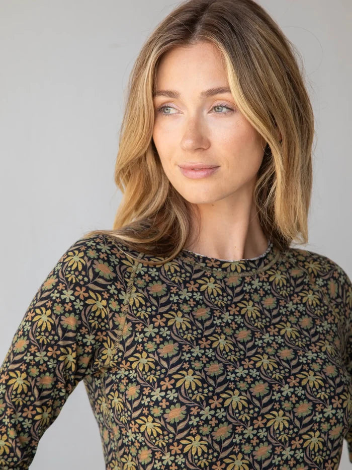 Lily Knit Cotton Long Sleeve Tee Shirt - Tan Daisies Floral-view 6