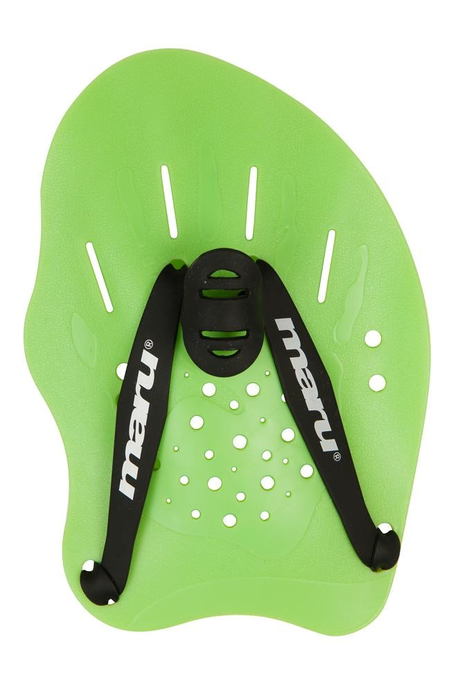 Maru Green Hand Paddle for paddling and water sports, showing the paddle's green handle and blade in natural outdoor setting.