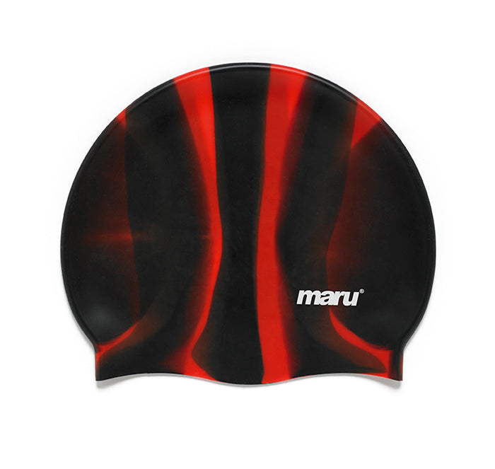 Maru Multi Silicone Swim Hat in black and red, designed for comfortable swimwear, featuring a sleek silicone material.