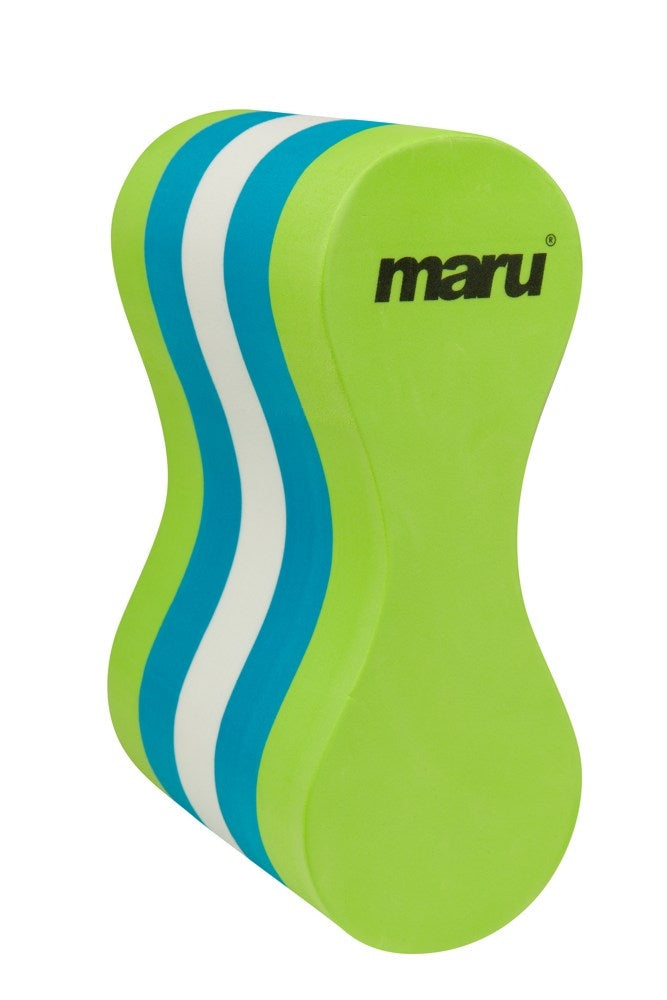 Maru pull buoy in green, blue, and white, designed for swim training and support in the water.