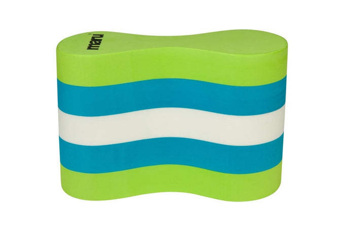 Maru pull buoy in green, blue, and white for swimming training, showing the floating foam design and brand logo.