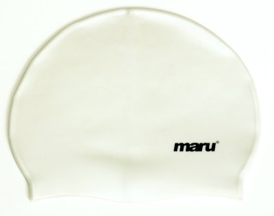 Maru white solid silicone swim hat designed for comfort and waterproof protection, suitable for swimming and water activities.