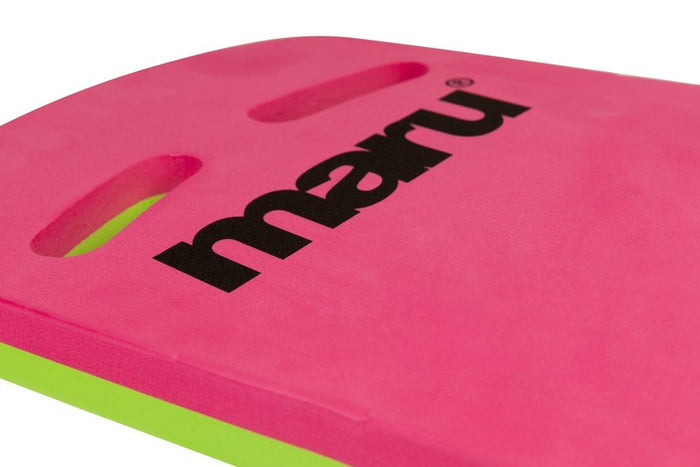 Pink and green Maru Two Grip Fitness Kickboard for swimming and water exercise, featuring ergonomic handles and durable foam construction.