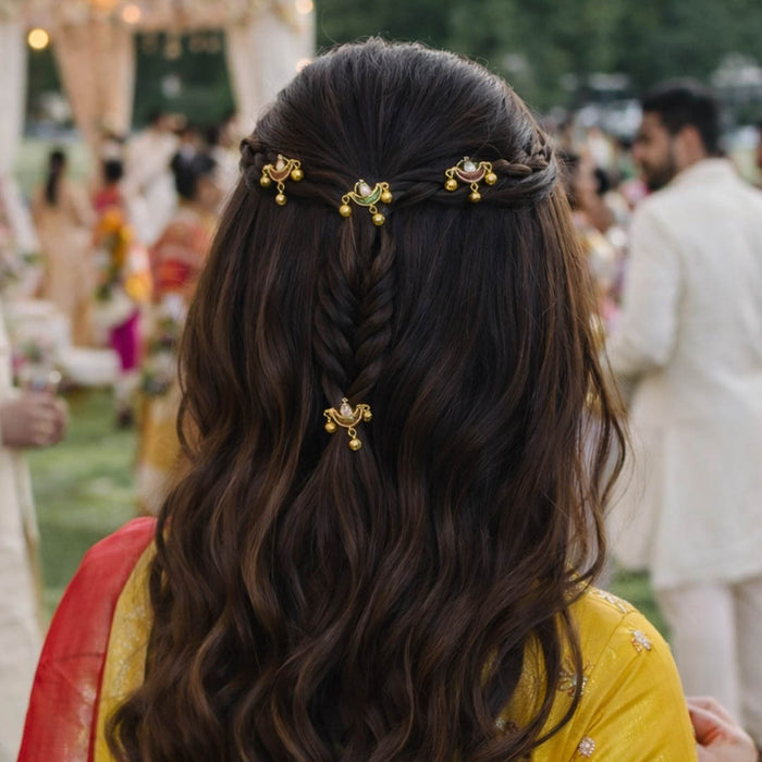Meher gold hair pins with ghunghroos and crystal accents for wedding buns and braided hairstyles