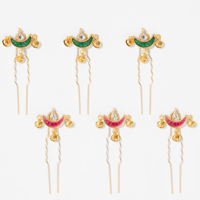 Handcrafted Meher hair pin set featuring moon motifs, shimmer accents and hanging ghunghroos
