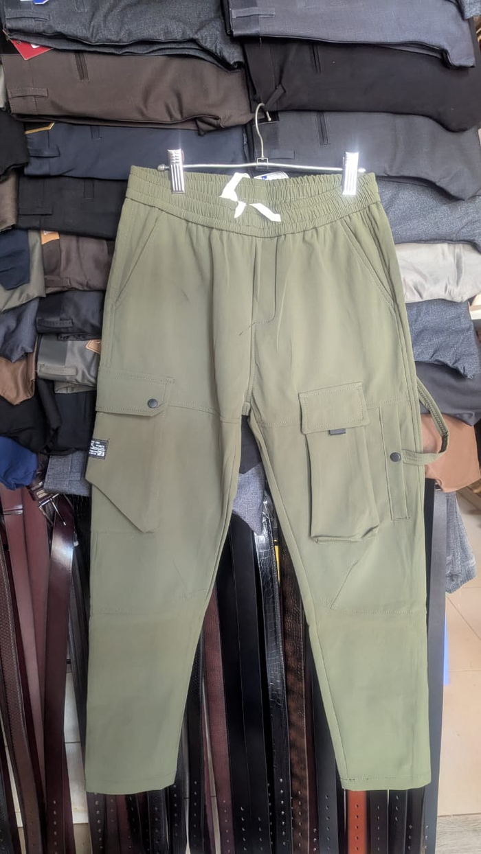 Men's Olive Green Cargo Pants with drawstring waist - front view