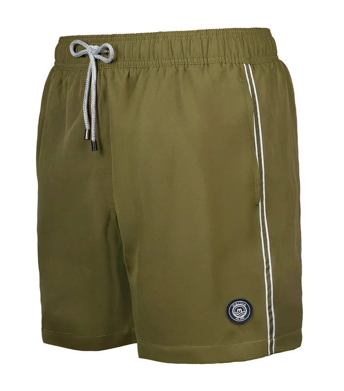 olive Green shorts with a white drawstring and side stripe on a light gray background