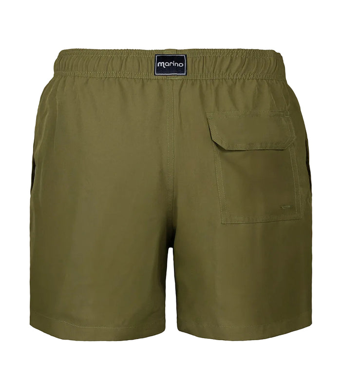 Olive green shorts with a visible brand label on a white background