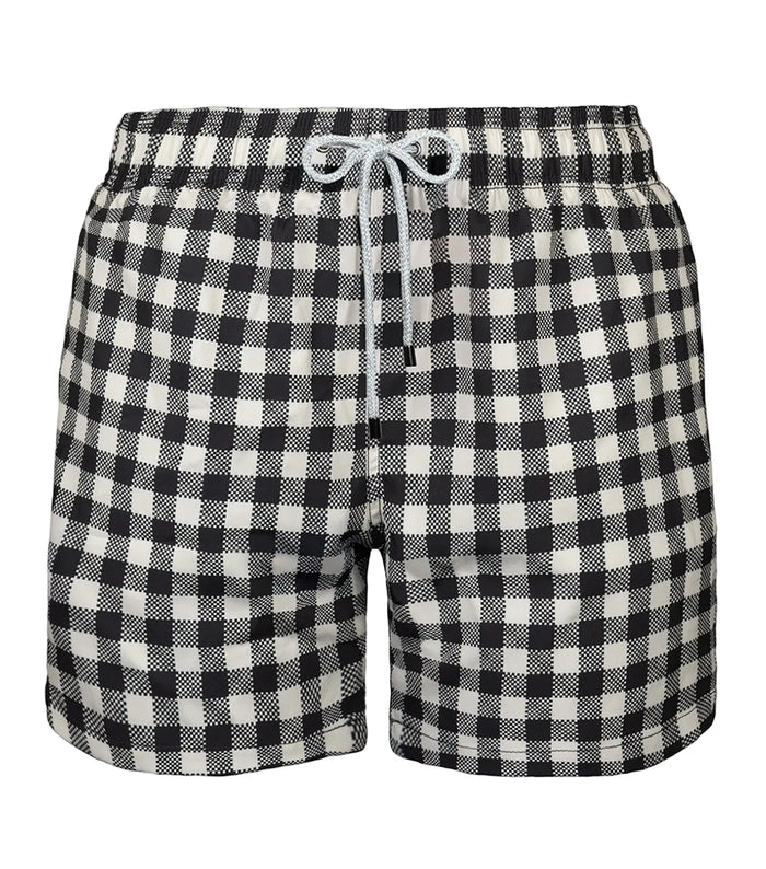 Gingham Black and white checkered shorts with a drawstring on a white background