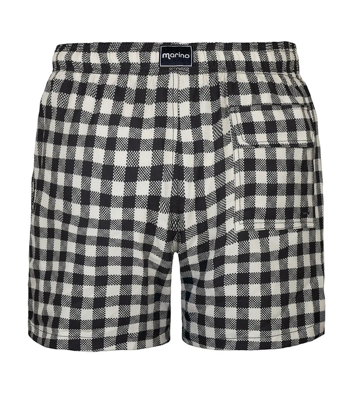 Gingham Black and white checkered shorts with a brand label on a white background