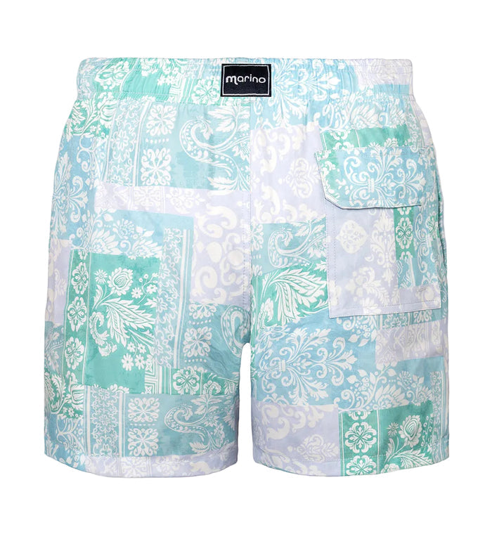 paisley Patterned shorts with a brand label on a white background