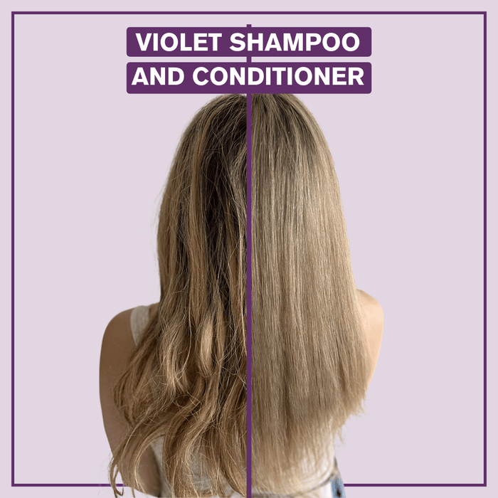 Before and after picture side-by-side showing the results for the Violet Shampoo - Alcôve Hair