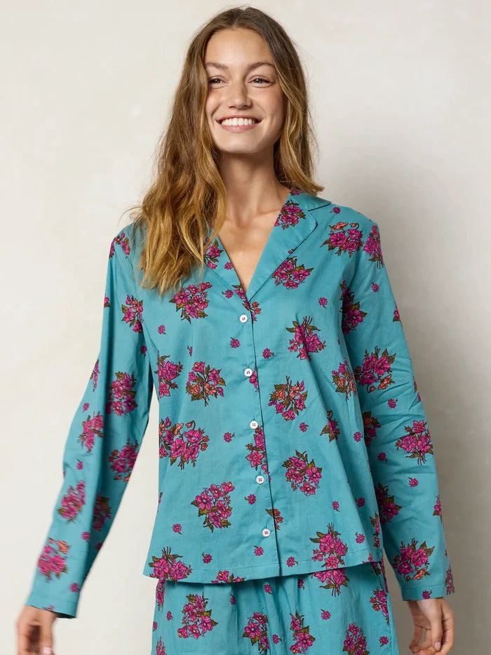 Mix & Match Cotton Long Sleeve Pajama Top - Flower Picking Teal-view 2