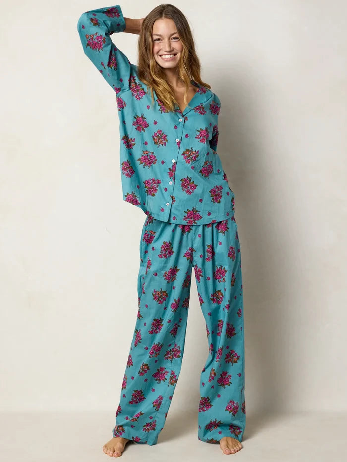 Mix & Match Cotton Long Sleeve Pajama Top - Flower Picking Teal-view 3