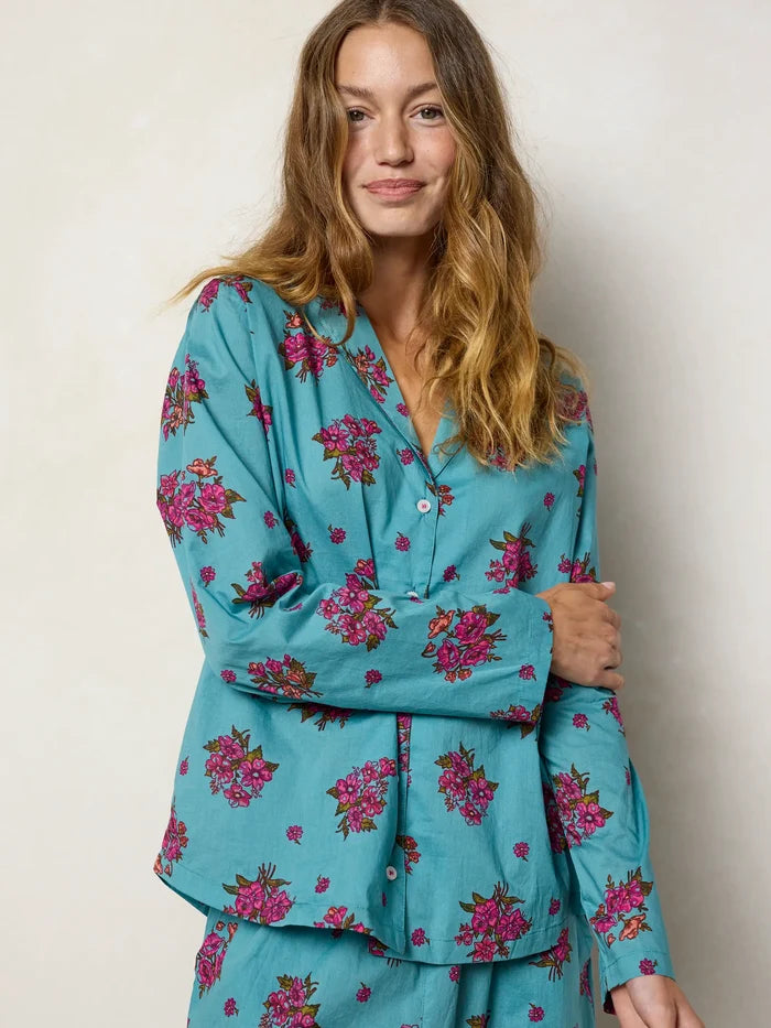 Mix & Match Cotton Long Sleeve Pajama Top - Flower Picking Teal-view 5